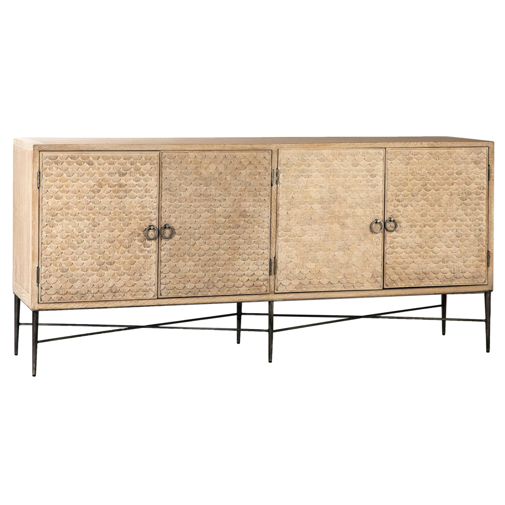 Stella 79" Carved Oak Wood Sideboard in Light Blond with Silver Iron Legs