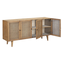 Callie 70" Reclaimed Pine and Rattan Panel Sideboard in Natural Honey Wood