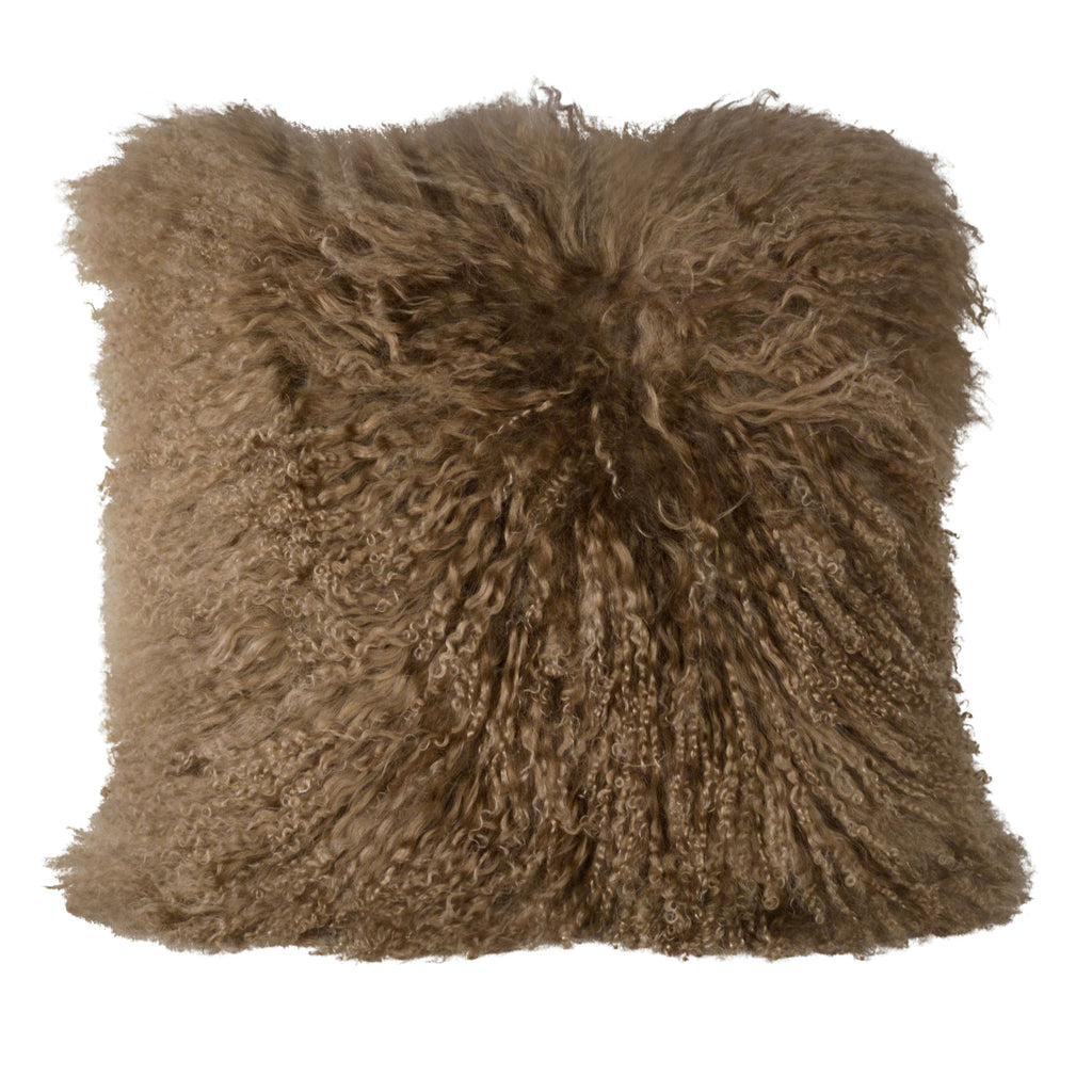 Spruce Natural Lamb Mohair Fur and Suede 16" Square Throw Pillow, Brown