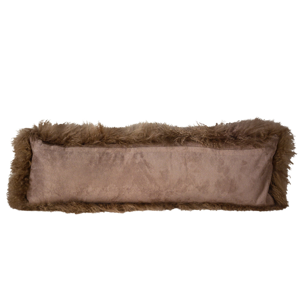 Spruce Natural Lamb Mohair Fur and Suede 12"x35" Lumbar Throw Pillow, Brown