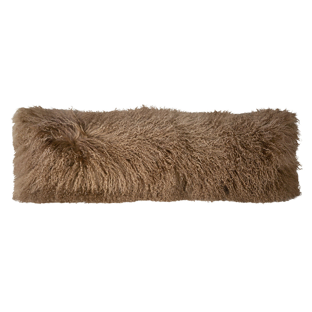 Spruce Natural Lamb Mohair Fur and Suede 12"x35" Lumbar Throw Pillow, Brown