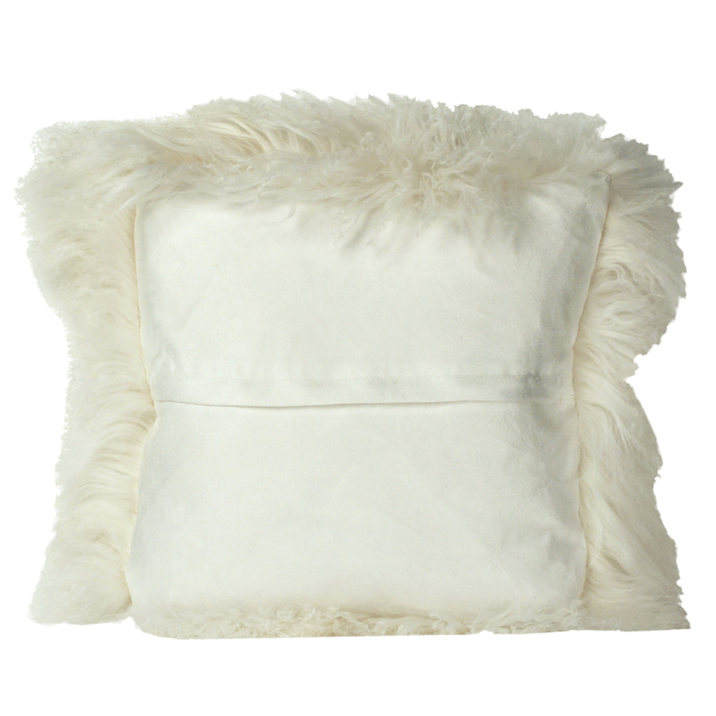 Spruce Natural Lamb Mohair Fur and Suede 16" Square Throw Pillow, White