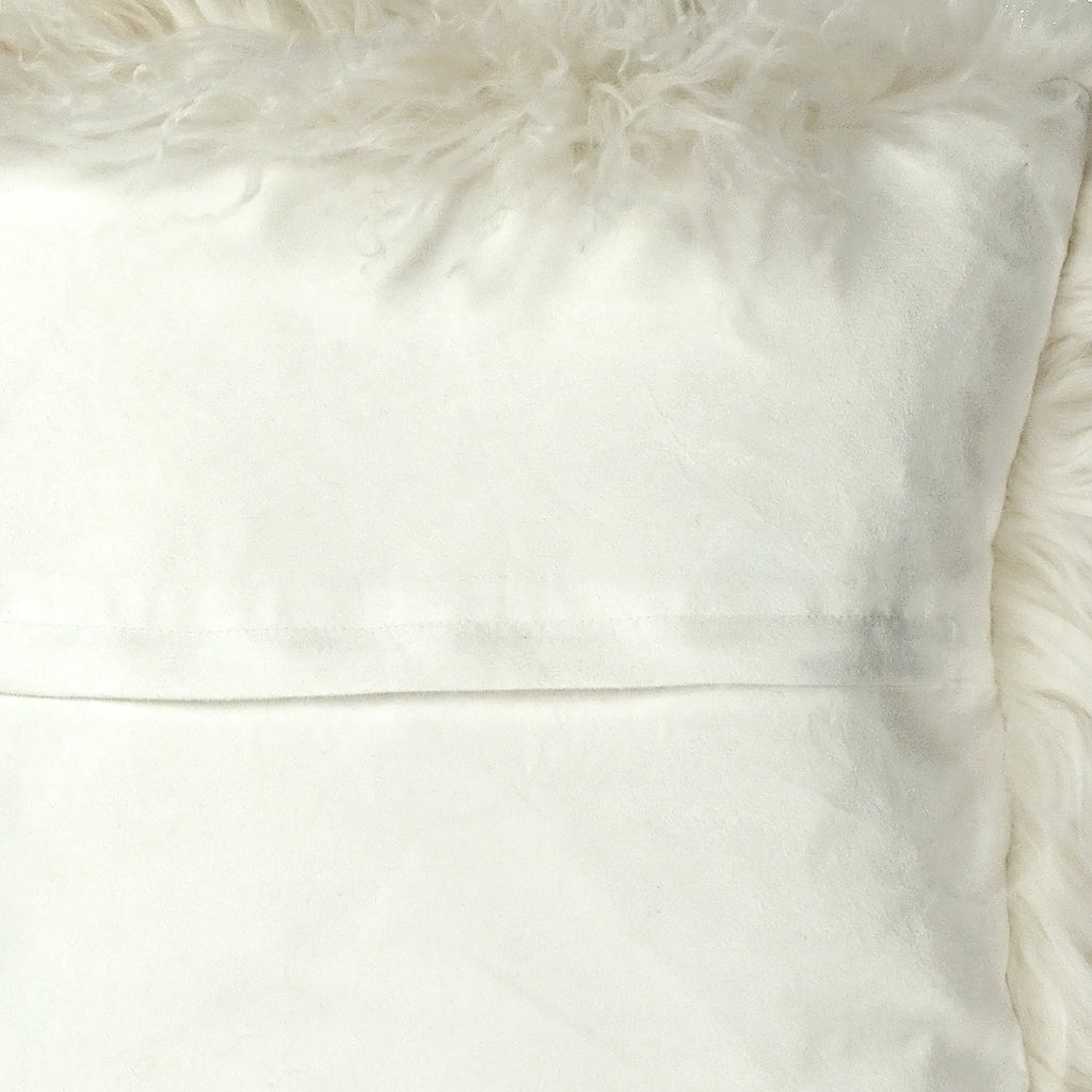Spruce Natural Lamb Mohair Fur and Suede 16" Square Throw Pillow, White
