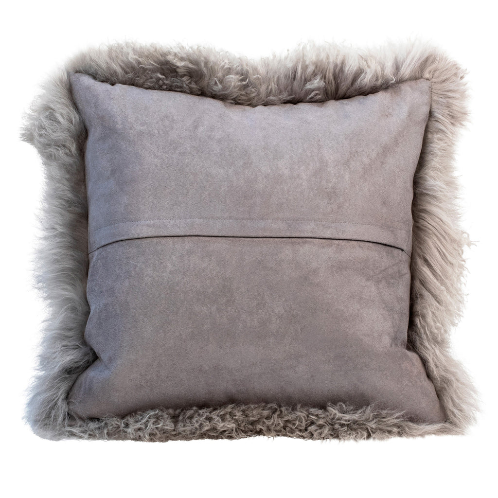 Spruce Natural Lamb Mohair Fur and Suede 16" Square Throw Pillow, Grey
