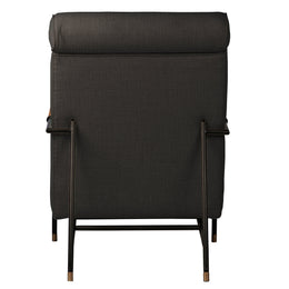Myla Cotton Upholstered Tall Back Occasional Chair with Black Steel Frame with Brown Suede Wrapped Arm Rests, Charcoal