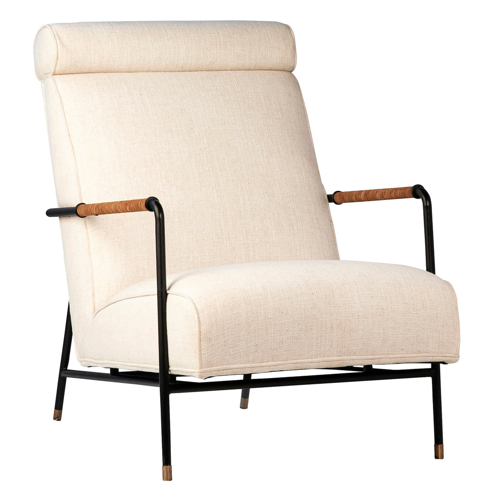 Myla Cotton Upholstered Tall Back Occasional Chair with Black Steel Frame with Brown Suede Wrapped Arm Rests, White