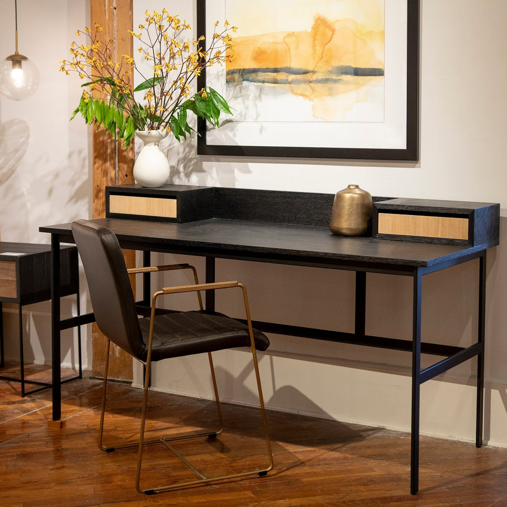 Harmony Modern Black Oak Writing Desk With Iron Base with Natural Oak Veneer Drawer Fronts