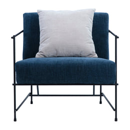 Gia Denim Linen Upholstered Chair Black Iron Frame and Sky Blue Throw Pillow