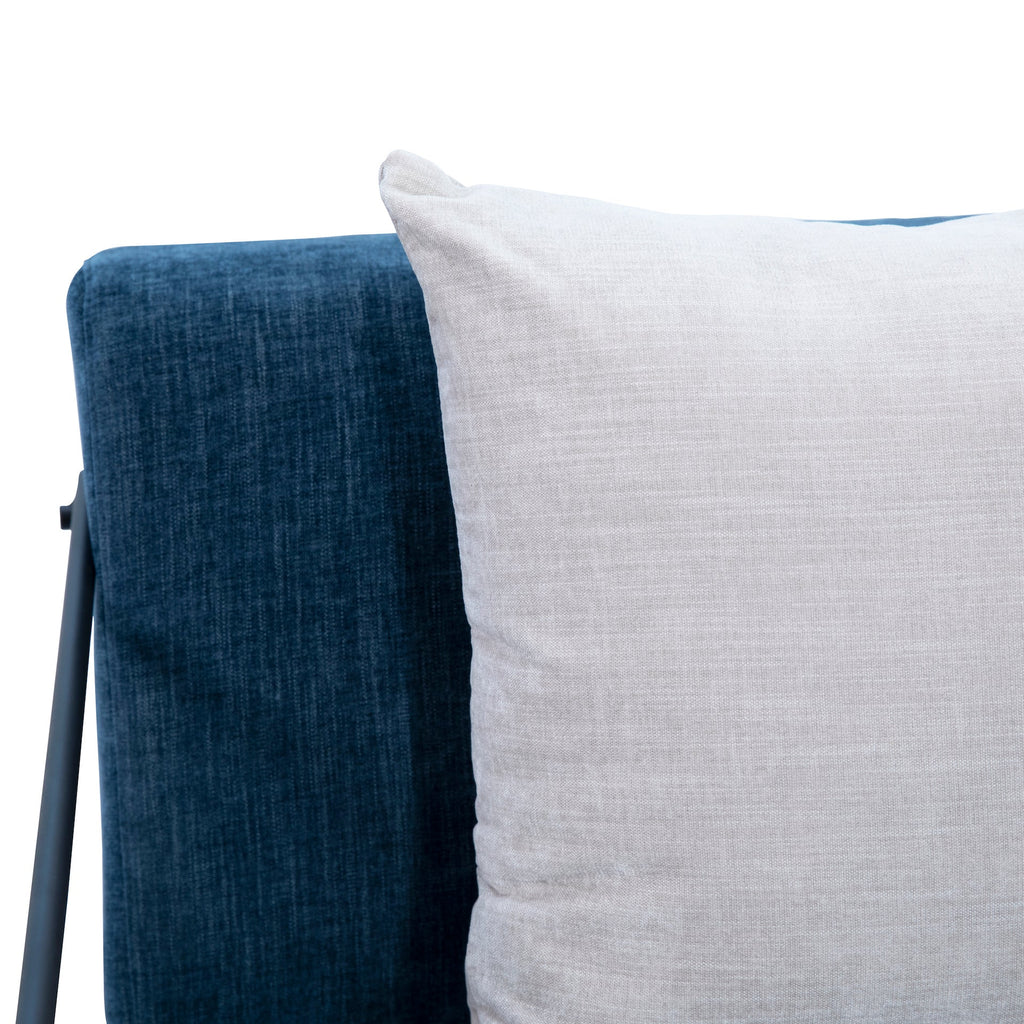 Gia Denim Linen Upholstered Chair Black Iron Frame and Sky Blue Throw Pillow