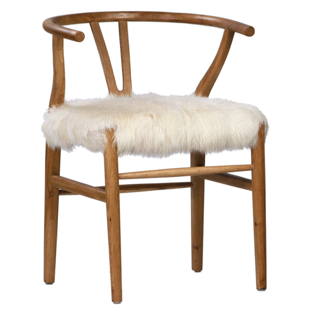 Kairo Mid-Century Modern Wishbone Back Medium Brown Finish Oak Chair with White Goat Hide Fur Seat