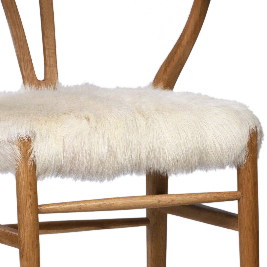 Kairo Mid-Century Modern Wishbone Back Medium Brown Finish Oak Chair with White Goat Hide Fur Seat