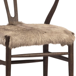 Kairo Mid-Century Modern Wishbone Back Matte Dark Brown Finish Oak Chair with Goat Hide Fur Seat