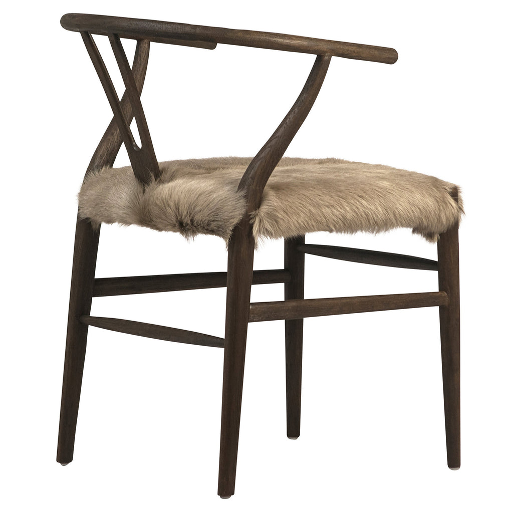 Kairo Mid-Century Modern Wishbone Back Matte Dark Brown Finish Oak Chair with Goat Hide Fur Seat