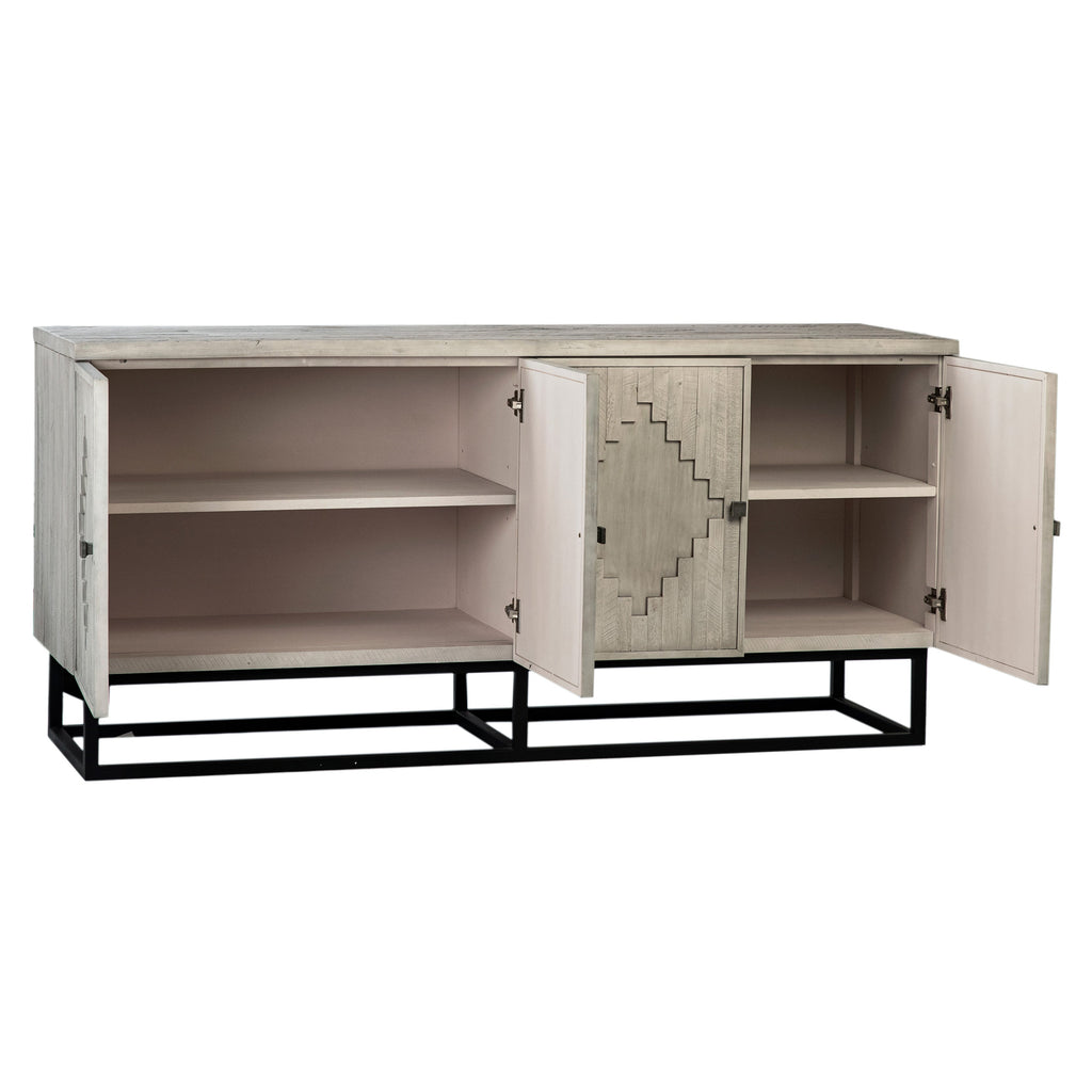 Elena 68" Light Grey Wash Acacia and Matte Black Iron Hand Carved 4-Door Sideboard