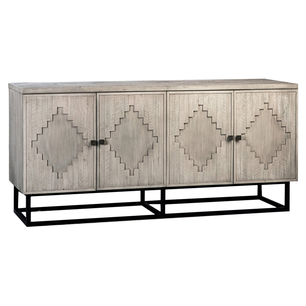 Elena 68" Light Grey Wash Acacia and Matte Black Iron Hand Carved 4-Door Sideboard