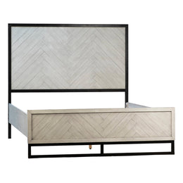 Vincent Light Wash Acacia and Black Iron Panel Bed with Harringbone Headboard, Eastern King