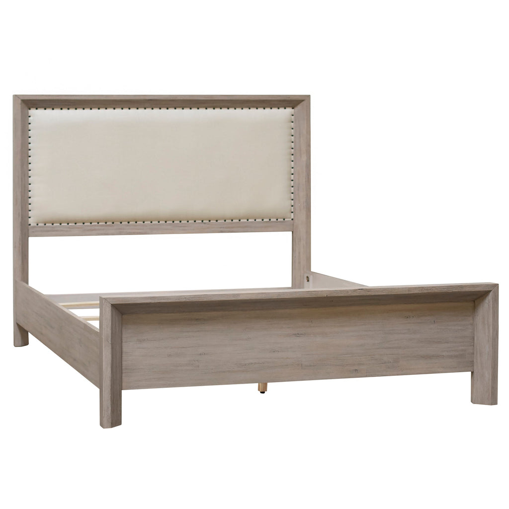 Tyler Light Grey Wash Acacia Panel Bed with Off White Upholstered Inlay, Queen