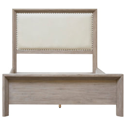 Tyler Light Grey Wash Acacia Panel Bed with Off White Upholstered Inlay, Eastern King