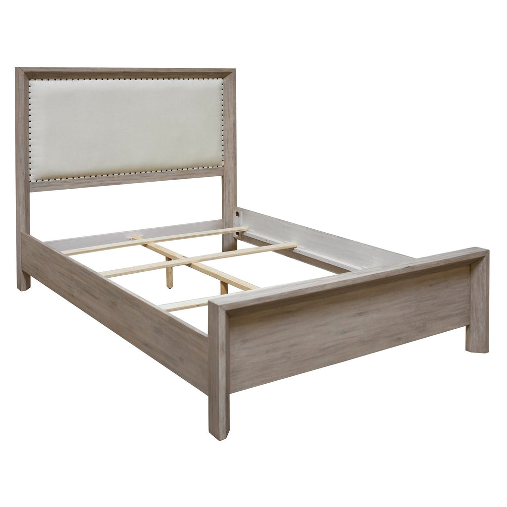 Tyler Light Grey Wash Acacia Panel Bed with Off White Upholstered Inlay, Queen