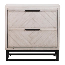 Vincent Light Wash Acacia and Black Iron 2-Drawer Storage Nightstand with Harringbone Door Fronts
