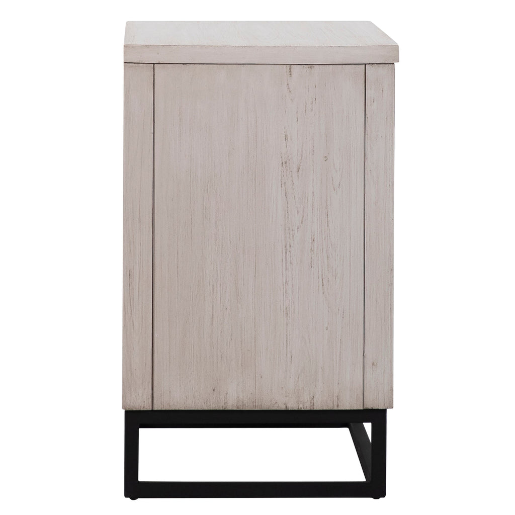 Vincent Light Wash Acacia and Black Iron 2-Drawer Storage Nightstand with Harringbone Door Fronts
