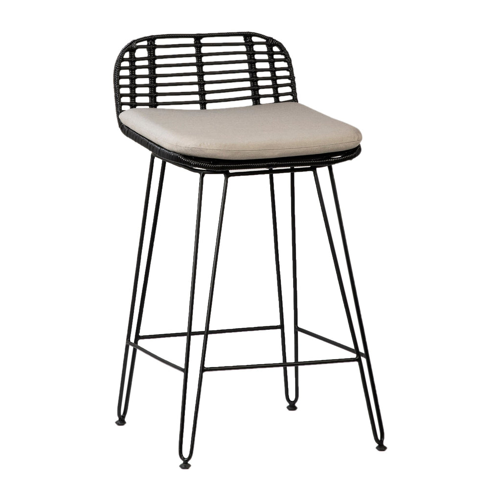Harper Indoor-Outdoor Black Synthetic Rattan and Iron with Cream Cushion Counter Stool, Set of 2