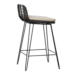 Harper Indoor-Outdoor Black Synthetic Rattan and Iron with Cream Cushion Counter Stool, Set of 2