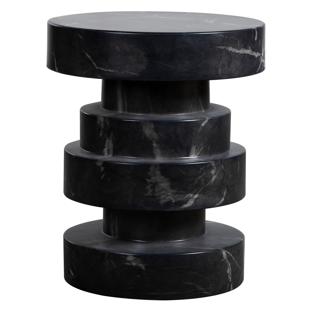Melia Round Marble Finished Modern Concrete Pedestal End Table in Black