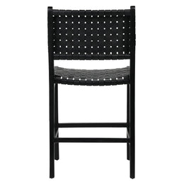 Maverick Top Grain Woven Black Leather with Black Teak Frame Dining Counter Stool Chair