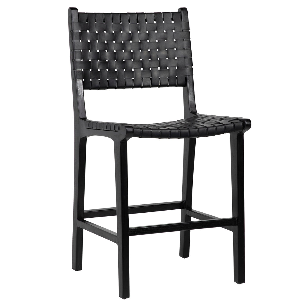 Maverick Top Grain Woven Black Leather with Black Teak Frame Dining Counter Stool Chair
