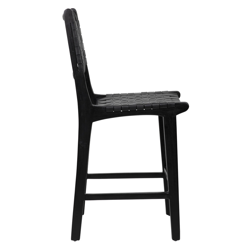 Maverick Top Grain Woven Black Leather with Black Teak Frame Dining Counter Stool Chair