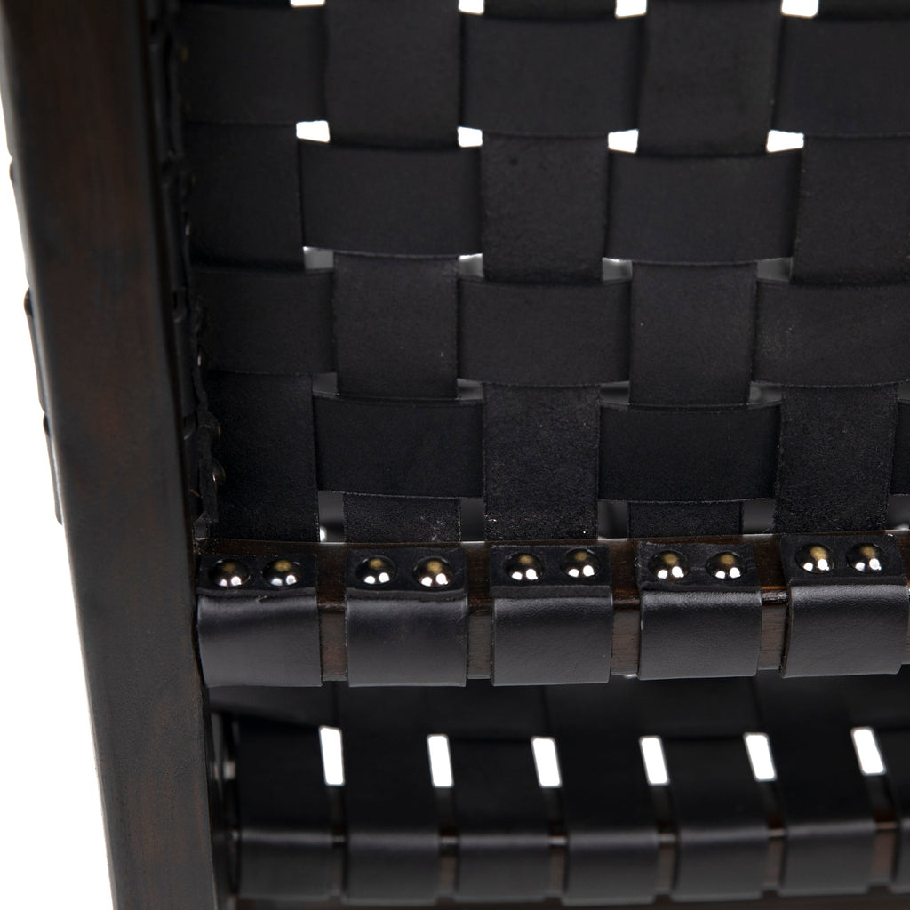 Maverick Top Grain Woven Black Leather with Espresso Teak Frame Dining Counter Stool