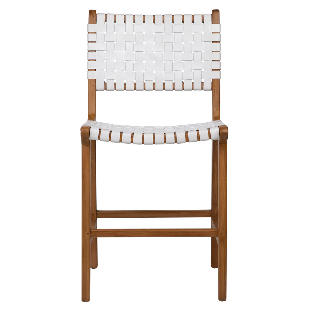 Maverick Top Grain Woven White Leather with Natural Teak Frame Dining Counter Stool