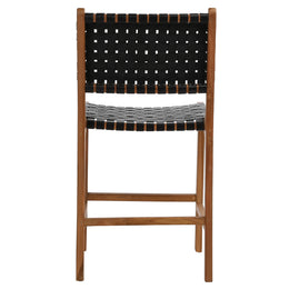 Maverick Top Grain Woven Black Leather with Natural Teak Frame Dining Counter Stool
