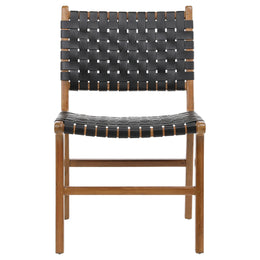 Maverick Top Grain Woven Black Leather with Natural Teak Frame Dining Side Chair