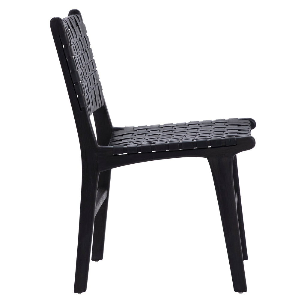 Maverick Top Grain Woven Black Leather with Black Teak Frame Dining Side Chair