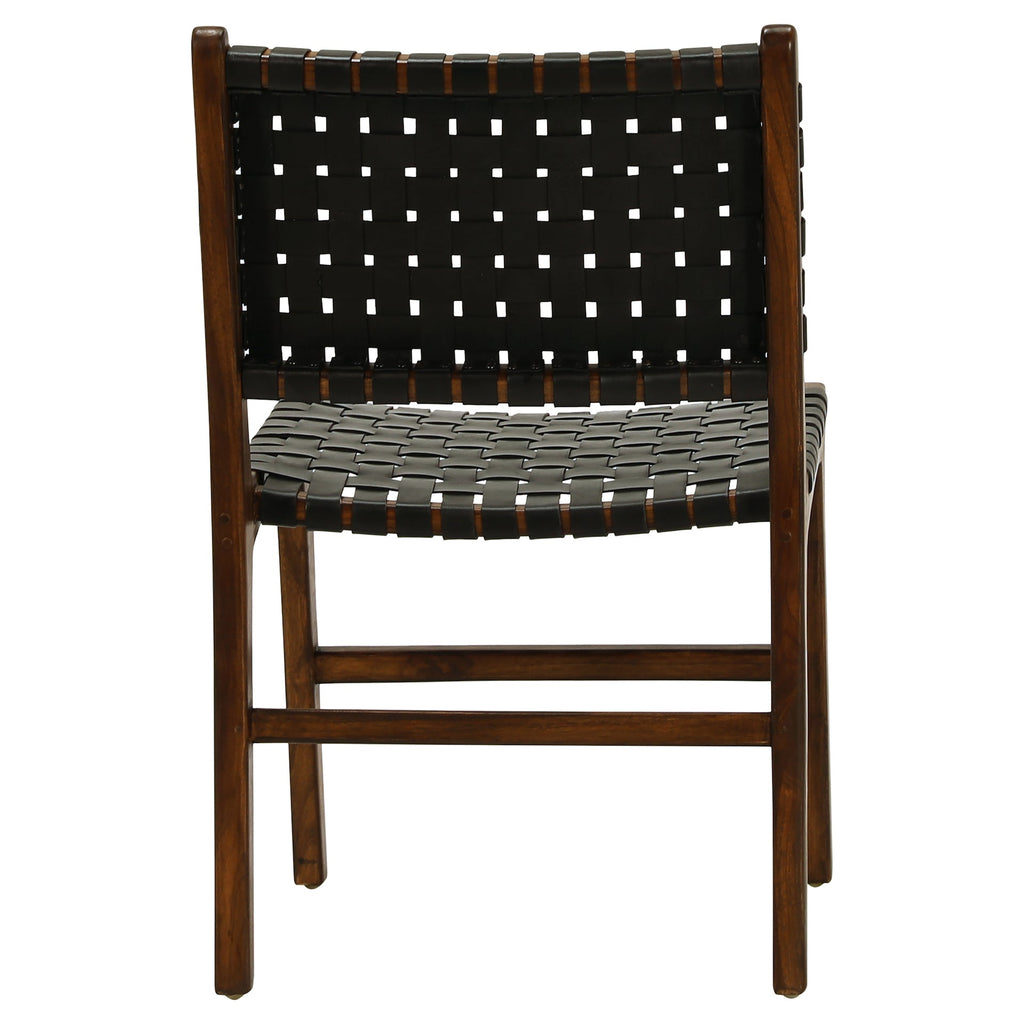 Maverick Top Grain Woven Black Leather with Dark Brown Teak Frame Dining Side Chair