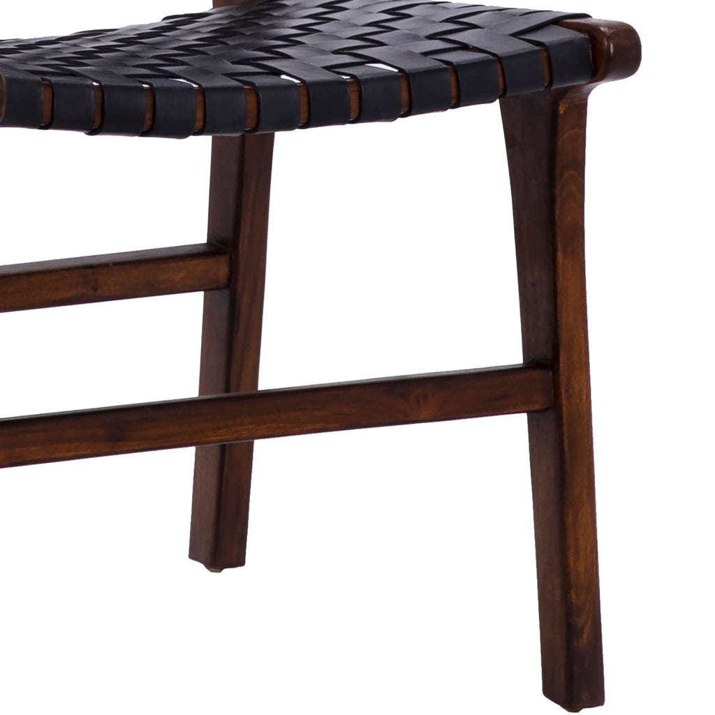 Maverick Top Grain Woven Black Leather with Dark Brown Teak Frame Dining Side Chair