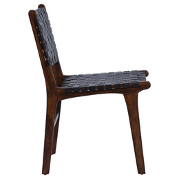 Maverick Top Grain Woven Black Leather with Dark Brown Teak Frame Dining Side Chair