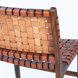 Maverick Top Grain Woven Brown Leather with Dark Brown Teak Frame Dining Side Chair