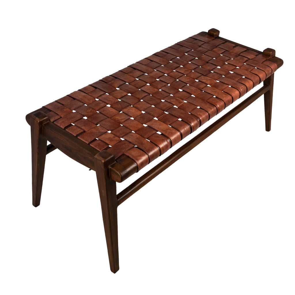 Alora 45" Teak and Natural Brown Woven Leather Bench