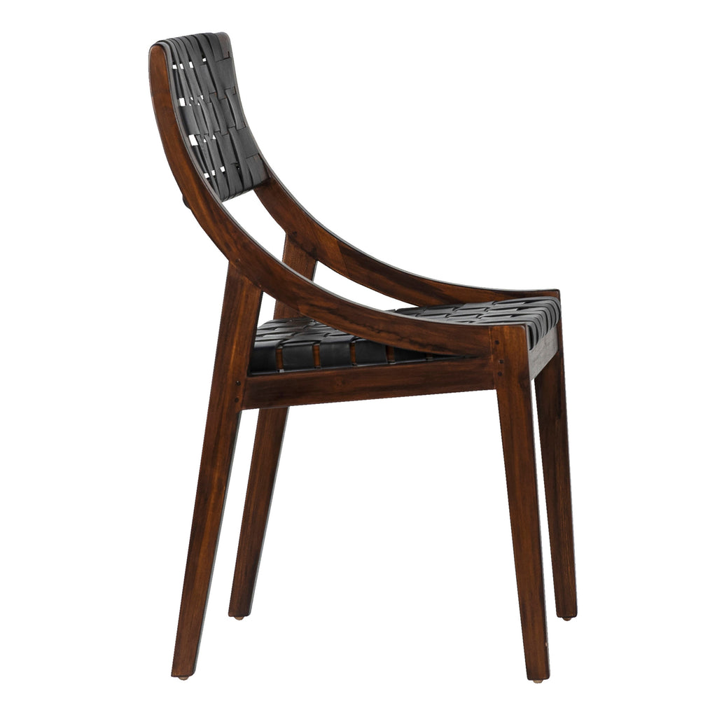 Willow Rich Dark Brown Stained Teak and Black Woven Full Grain Leather Chair