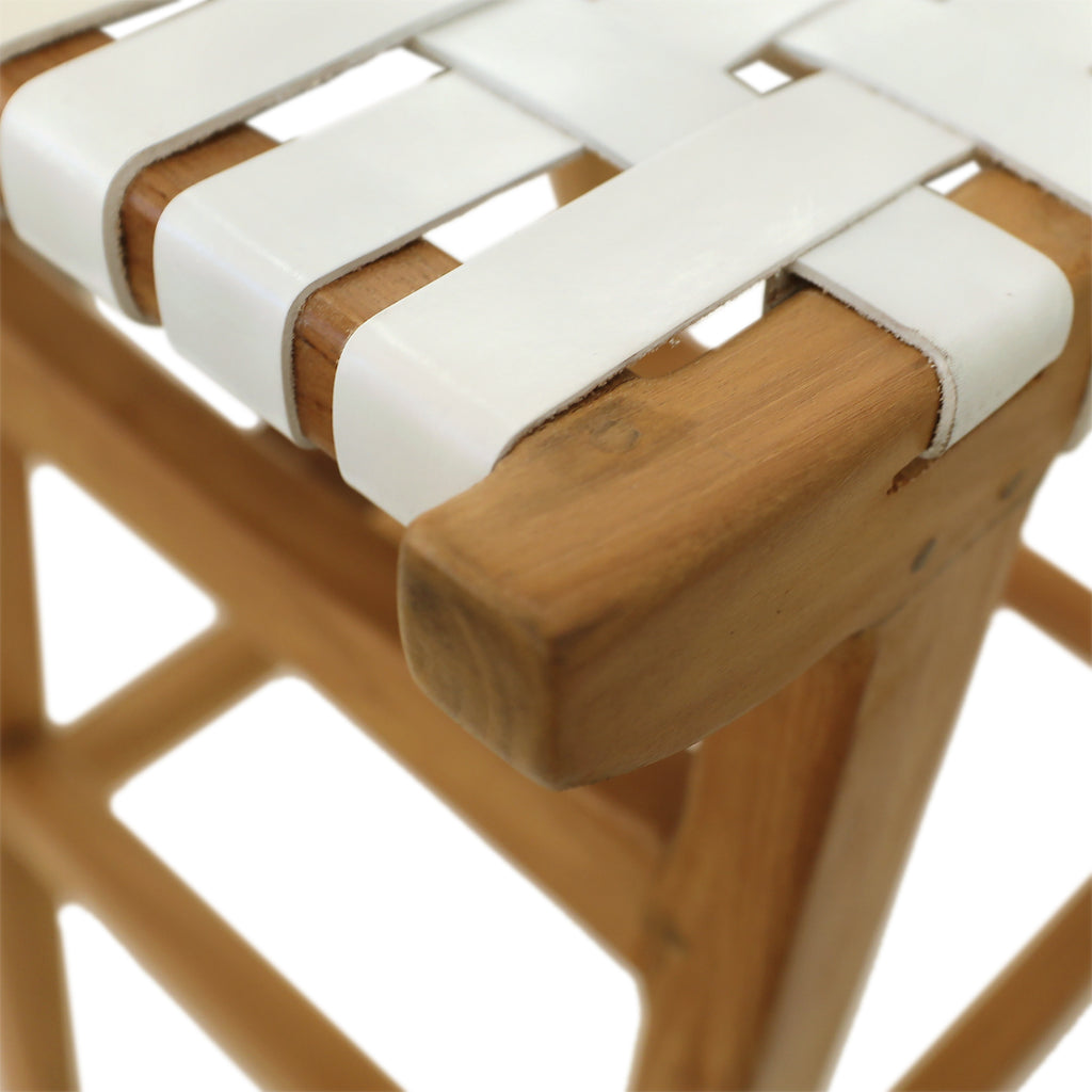 Camila Counter Stool Teak Wood and Full Grain Leather - Natural and White