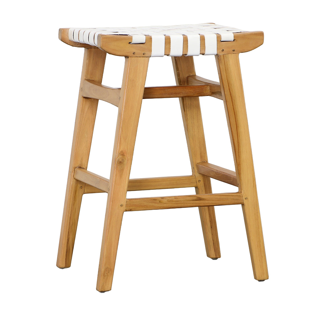 Camila Counter Stool Teak Wood and Full Grain Leather - Natural and White