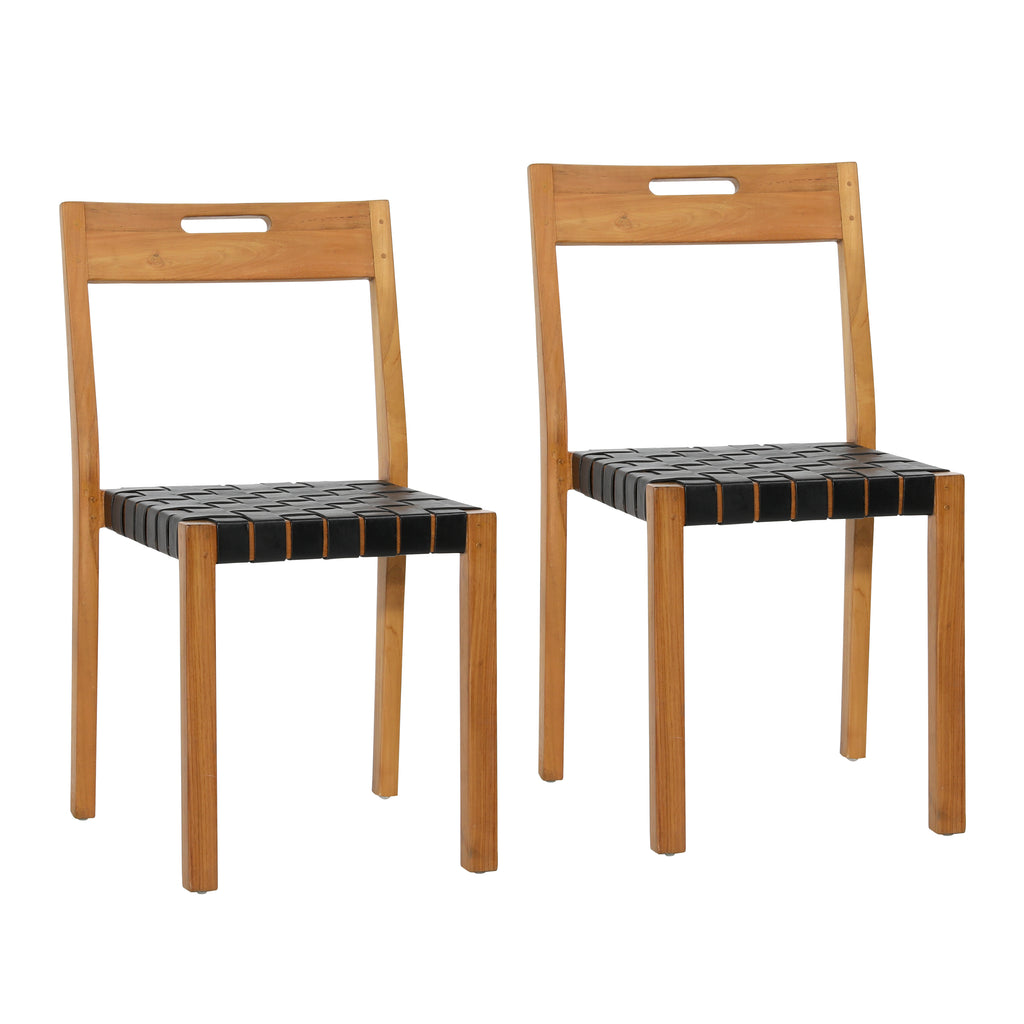 Glinda Dining Chair Set of 2 Teak Wood Frame and Genuine Leather - Natural and Black