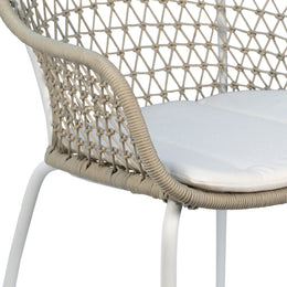 Ava Indoor-Outdoor White and Tan Woven Rope and Iron Dining Arm Chair with White Seat Cushion