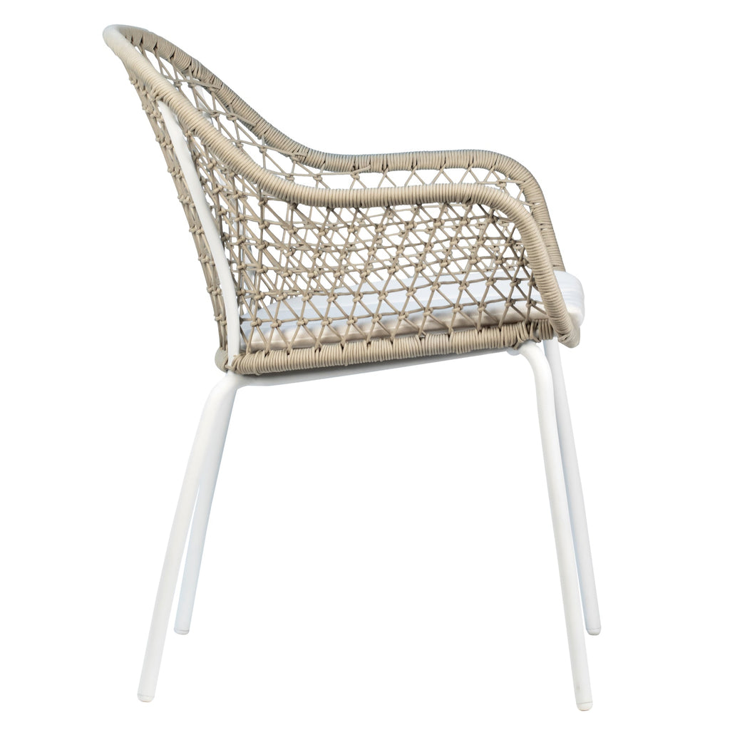 Ava Indoor-Outdoor White and Tan Woven Rope and Iron Dining Arm Chair with White Seat Cushion