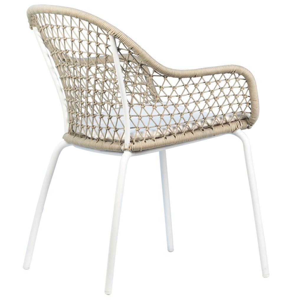Ava Indoor-Outdoor White and Tan Woven Rope and Iron Dining Arm Chair with White Seat Cushion