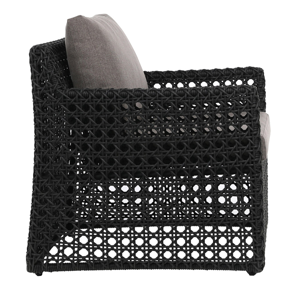 Maxine Indoor-Outdoor Woven Charcoal Grey Poly Rope Cube Arm Chair with Light Grey Cushion