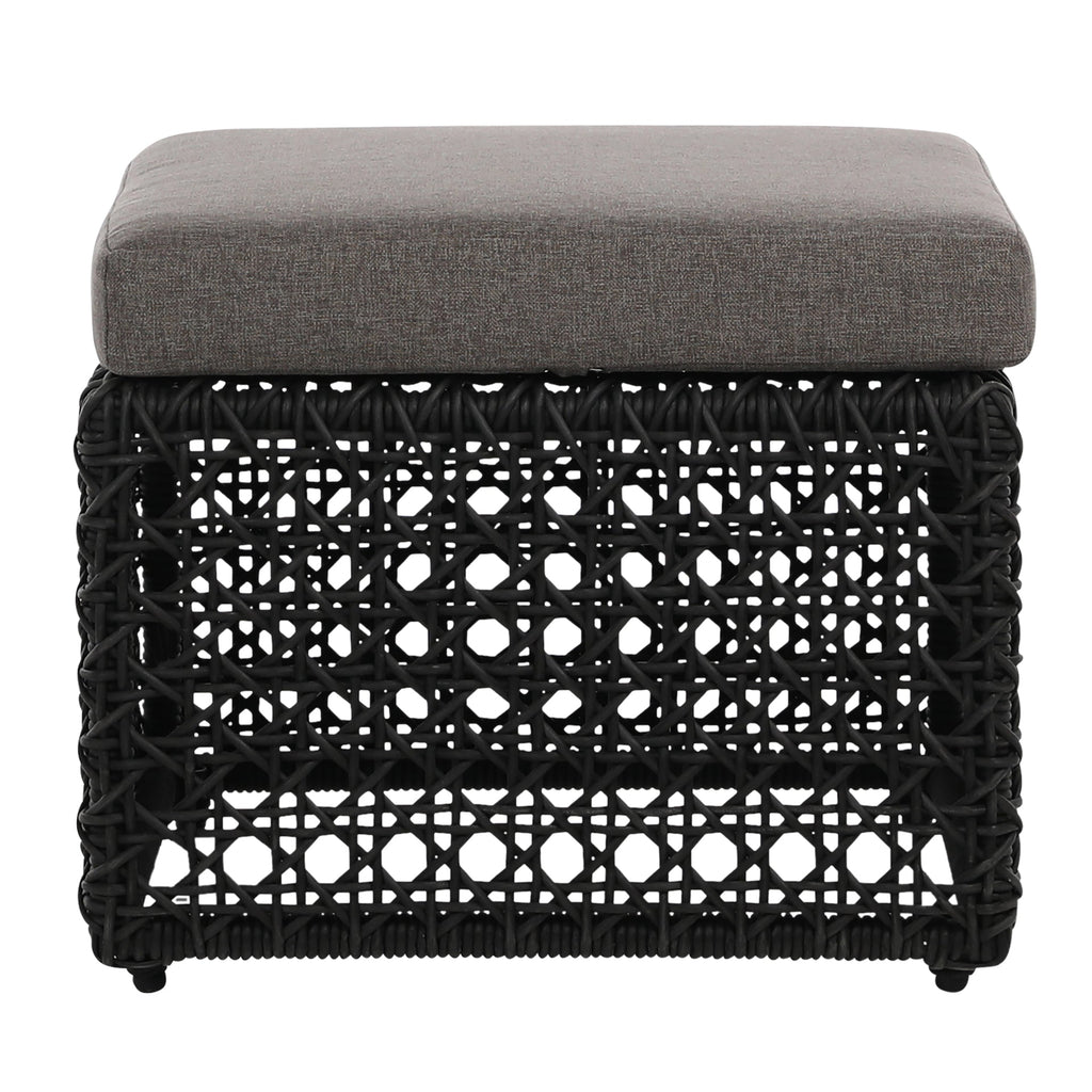Maxine Indoor-Outdoor Woven Charcoal Grey Poly Rope Cube Ottoman with Light Grey Cushion